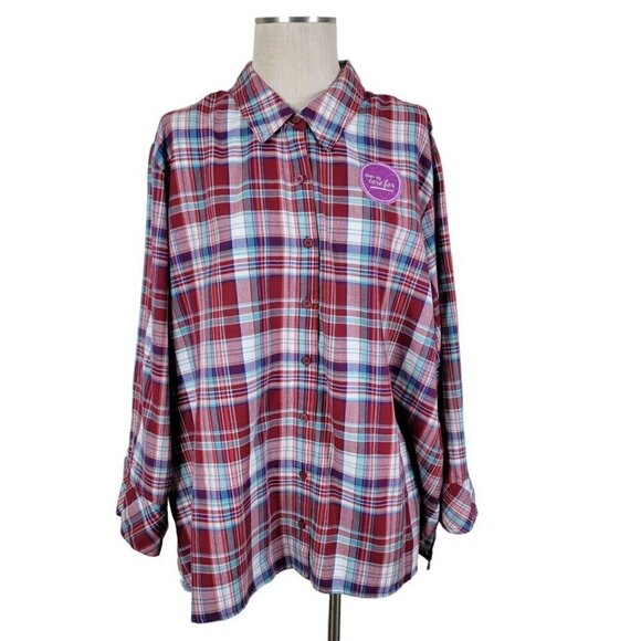 Chic Plaid Blouse Size 2X Button Front Sleeve Slit and Cuff Red Blue Vintage Y2K - Picture 15 of 15